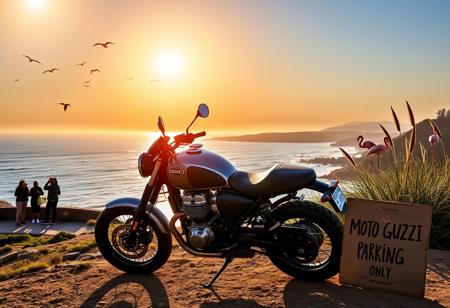 “A twin-cylinder Custom Cruiser Moto Guzzi motorcycle is parked along the scenic coast of Santa Barbara at sunset. The bike sits proudly on a cliffside overlooking the ocean, with a golden sunburst casting a warm glow across the sky. Seabirds glide above the serene blue waters, and a small group of people stands nearby, their silhouettes softly illuminated by the setting sun. Off to the side, a couple of flamingos stand near tall grasses swaying in the breeze. A weathered cardboard sign is propped up next to the bike, with the words ‘MOTO GUZZI PARKING ONLY’ handwritten on it, adding a touch of personality to the scene.”