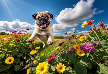 Highly detailed photograph of a pug puppy leaping through the air above a field of colorful flowers. Floppy ears, big eyes, very cute, very happy, joyful. Blue sky with fluffy clouds. Bright sun, god rays.
