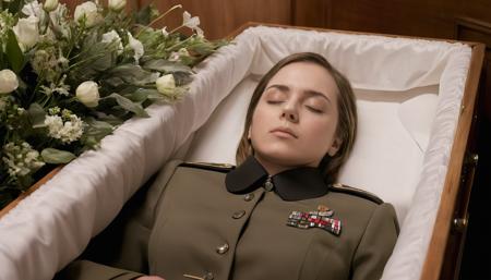 stunning raw photograph, studio photograph, dslr, uhd, shot with Canon, solo, realistic, perfect face, woman lying in wooden coffin, eyes closed, miltary uniform, flowers, quiet dignity, detailed background, funeral parlor  <lora:womanincoffinxl-000008:0.9>