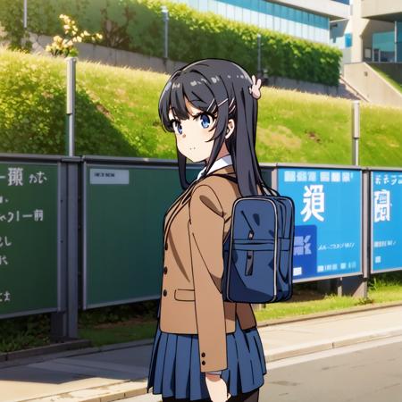 sakurajima mai,  mai-san, <lora:mai:0.7>, masterpiece, high quality,  1girl, solo, long hair, skirt, black hair, hair ornament, school uniform, jacket, pantyhose, pleated skirt, outdoors, day, hairclip, bag, from behind, black pantyhose, school bag, brown jacket, rabbit hair ornament