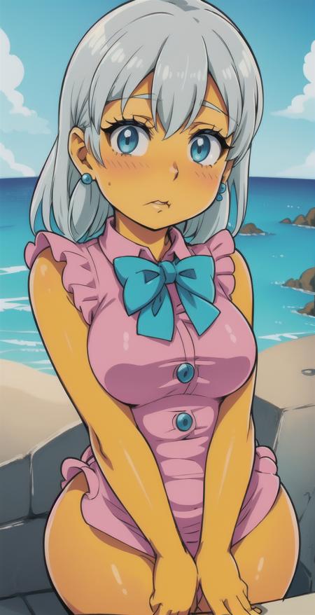 Female character, (yellow skin:1.2), detailed eyes, outdoors, ocean, sand, sun, closeup photo, black eyes, thick, small breasts,
 <lora:The_Simpson_Style:1>  Silver hair, blue eyes, turquoise earrings, pink blouse with blue bow and buttons,  <lora:Elizabeth:1>