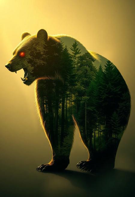 A double exposure image featuring a glowing silhouette of a standing growling bear with ethereal illumination. The scene blends a lush green forest within the bear, creating a stunning, otherworldly energy. Natural dramatic lighting, 3D render, conceptual art.