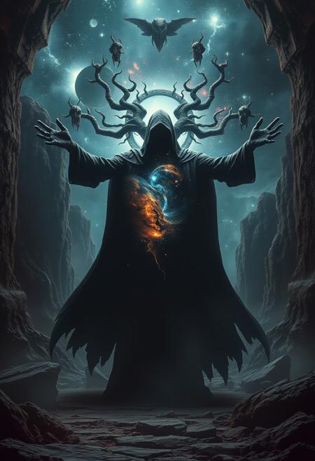 A universe inside a dark cloaked figure within mysterious landscape in an unfathomable realm of fantastic creation inhabited by ancient shadows of a forgotten time beyond the gate of the gateless gate where life is limitless, light is shadow and shadow is light, eerie sense, horror, spark of the beginning, existence and nonexistence at once, ethereal, outstretched arms, behold the end of the beginning, inglorious glory to the dark one, betrayal of the ancient order, beware the 7headed beast, destroyer of the old ways, bearer of the unbearable, nightmarish, archaic runes, tree aging backwards, breath of the gods, ruins of a place unimagined, extreme intricate detail, photorealistic, beyond epic scene, fate discarded