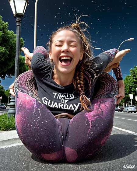 masterpiece, best quality, 8k, photorealistic, intricate details, ultrarealistic style, low angle shot, streetlamp sidewalk, Mouth open in laughter, hair tossed and unkempt, eyes closed with joy., Braided hair unraveling,
<lora:DiMario_Knot:1>, legs behind head, extreme contortion, adult version of Nebula from the film "Guardians of the Galaxy", accurate to original character, accurate clothing, accurate haircut, accurate hair color, accurate face, beautiful long flowy hair, fully clothed, Boxy T-shirt tied into a knot at the front