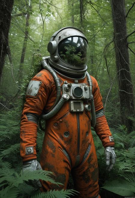 Rusty astronaut suit (worn, weathered:1.2), overgrown with lush greenery (detailed foliage:1.2), nestled within a dense forest setting, centered in the frame, facing viewer, close-up perspective.  Thick, decaying vegetation completely surrounds the suit, (detailed plant life:1.3), creating a vibrant, yet decaying atmosphere.  Suit's color palette is predominantly rusty orange, muted grey, and dark brown with noticeable weathering.  Interior of the helmet (clear glass:1.1) displays small plants and flowers, vibrant green, giving a sense of life amidst decay.  (Detailed surface textures:1.3) on both the suit and helmet, mimicking the effects of rust and age.  Photorealistic style, (high detail:1.2)  Ambient lighting illuminates the scene from multiple angles.  Deep greens and muted browns dominate the surroundings.  Dark green foliage and rusty orange suit create a stark contrast.  Vertical composition, detailed rust patterns, shot from slightly low angle.  Atmospheric and melancholic mood.  (Detailed plant growth:1.2) clings to the suit's contours.  Intricate details of the suit's mechanics and design, (detailed seams:1.2).  Nature reclaiming the human element, environmental catastrophe.