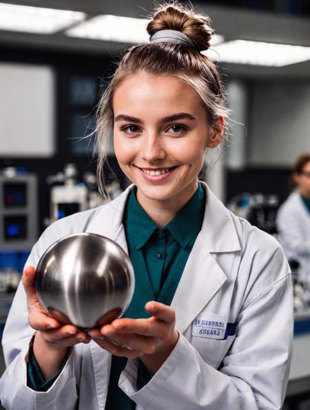 photo of 20 y.o woman, hair knot, scientist, smiling, science lab, holding a metal ball, close up