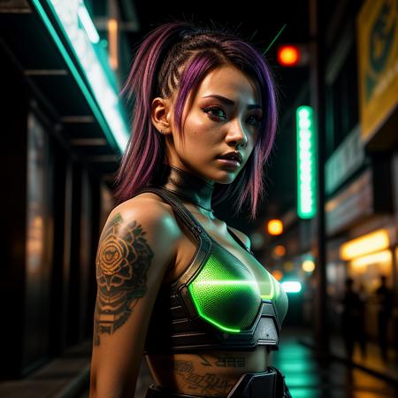 A cinematic close up photo of a young woman with intense green cyber-eyes and a glowing tattoo tracing her jawline. Wearing a tactical combat gear, she stands guard at a neon-lit alleyway, her gaze scanning for unseen threats. The epic character composition, combined with sharp focus and natural lighting, brings the captivating image to life. The subsurface scattering effect adds a touch of ethereal glow, while the f2 aperture and 35mm lens create a perfect balance of depth and detail.
<lora:CyberPunk4:0.4> cyberpunk