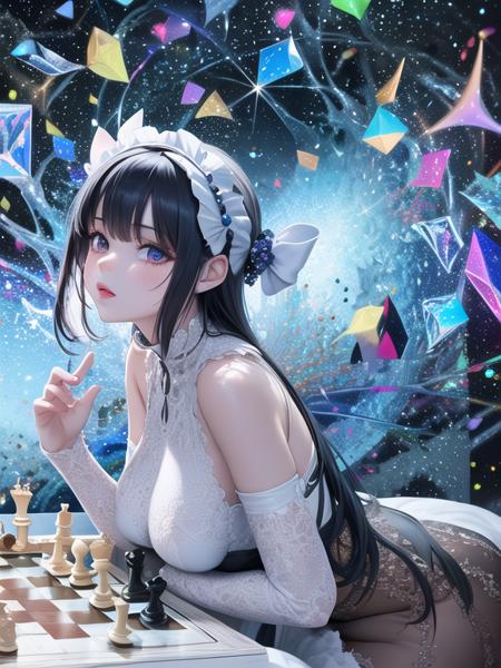 a girl playing (chess:1.2), intricate epic, magic aura,  concept art, mana sparkle background, portrait, queen