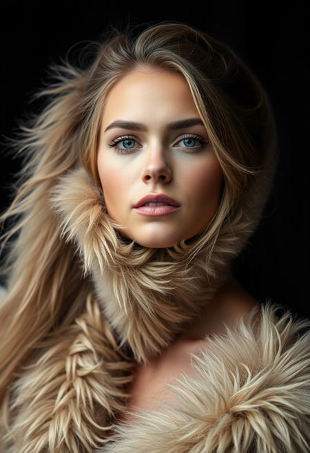 full-length view of a beautiful Scandinavian woman sprouting thick furry fuzzy fluffy fur all over her body and face