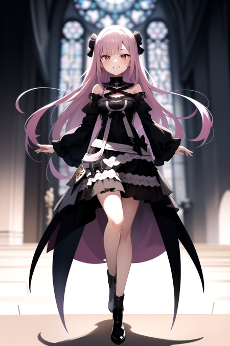 2d, masterpiece, best quality, anime, highly detailed face, highly detailed eyes, highly detailed background, perfect lighting, full body, 1girl, solo, rushia_pink, pink hair, long hair, two side up, black dress, standing, dynamic pose, smile, church <lora:rushia-05:1>