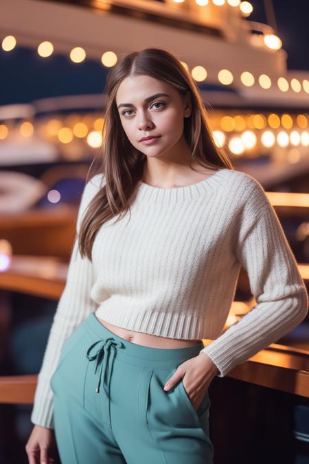 beautiful girl l4ub3rl1n:0.99:0.99 and friend nautical wear sweater slacks at the bar lounge luxury yacht carribean ocean night time (masterpiece:1.2) (photorealistic:1.2) (bokeh) (best quality) (deck party) (intricate details) (8k) (HDR) (analog film) (canon d5) (cinematic lighting) (sharp focus)