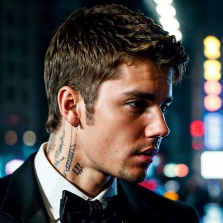 DSLR photo of justinbieber person using a tuxedo.face side portrait.in blade runner.daylight.professional photography.high resolution.detailed photo.RAW.still film.f/16.uhd.hdr.4k <lora:justinbieber_77400:1>