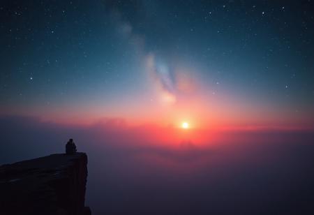 white vignette effect, stars, a silhouetted person far away sitting on edge of huge cliff, 
 perfectly aligned milkyway over horizon, michal shainblum photography. realism, 
reddish,pink blue aesthetic hues, the sun hiding behind the fog, snow landscape in the distance,  sun glow effect, sun halos, dark contrast, dawn, daek light blue gradient filter, a nat geo moment, pine trees fading far away, realism. mist, fog, dark rich contrasts, moody and gloomy, melancholic atmosphere.