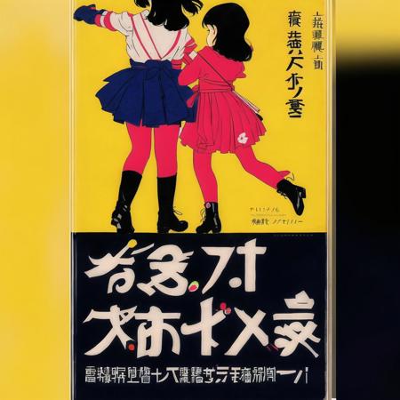 <lora:oldjapcover:1>, oldjapcover,  book cover, poster, drawing, japanese text, book with a, 2girls, elbow gloves, female, gloves, multiple girls