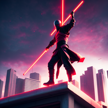 photo, a man standing on top of a building holding a red light saber (NeonNinja style:1) <lora:djzNeonNinjaV21:1>