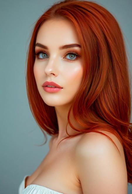 perfection style, perfection, perfect, perfecteyes, Style-Volumetric, UnrealisticDream, (8k, RAW photo, highest quality), (detailed eyes:1.3), soft lighting, photo, cinematography, high resolution, 8k, perfect composition, fine detail, beautiful woman, (Sc4rl3tGr3y-r, woman, ginger hair, grey eyes),
"A professional headshot of the influencer taken in a state-of-the-art studio by a highly skilled professional photographer using a Phase One XF IQ4 medium format camera. The subject is captured in exceptional detail, showcasing her flawless complexion, captivating expression, and striking features. The lighting setup employs a three-point configuration for a balanced yet dramatic effect. The key light is a large softbox angled at 45 degrees, producing soft, even illumination across her face while maintaining subtle shadows for depth. A fill light on the opposite side ensures the shadows are not harsh, while a hair light behind her adds a gentle glow, separating her from the background. The background is a neutral gray with a gradient effect achieved through controlled lighting, enhancing the subject's prominence. Shot with a Schneider Kreuznach 120mm f/4 lens at f/2.8, the image features an impeccable depth of field, isolating the influencer with a smooth, cinematic bokeh."
