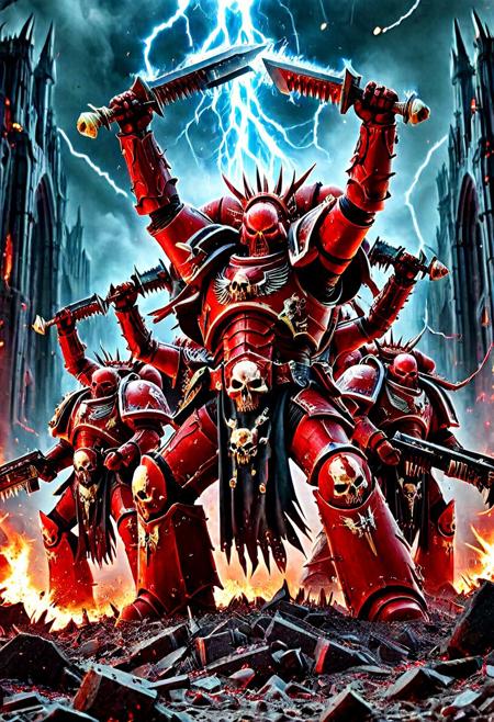 A squad of Chaos Space Marines from the Blood Legion of Khorne, drawn from the World Eaters Traitor Legion, standing together in a brutal battlefield scene. Each marine wears jagged, blood-red power armor forged from bloodsteel, with glowing brass trim and Chaos symbols etched into the plating. Their helmets are horned or skull-faced, some holding chainaxes dripping with gore, others carrying daemon-infused bolters or massive hellblades. Spikes, skull trophies, and runic etchings cover their armor. The warriors are posed in aggressive stances, surrounded by fire, smoke, and the ruins of a shattered cathedral. Lightning flashes in the sky, casting dramatic shadows across their brutalist forms. Behind them, a towering Bloodletter daemon howls in fury. Cinematic group composition, ultra-realistic textures, 8K concept art, grimdark atmosphere, “Blood for the Blood God!”