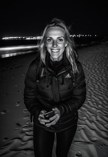 girl at night on the beach, iphone selfie, dressed for trekking, winter, laughing, at night, very dark, infrared photography, without flash, grainy, ((motion blur)), blurry,  walking