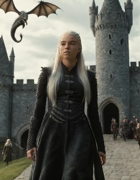 high resolution photo of rha3 woman with long white hair,full body shot,she is wearing targaryan dress,standing outside a castle,a dragon is flying in the sky,volumetric lighting and bokeh,the background is highly detailed,the shot is cinematic