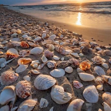 Beach with sunset, phosphorescent rocks powered by light or solar energy, seashells, high definition