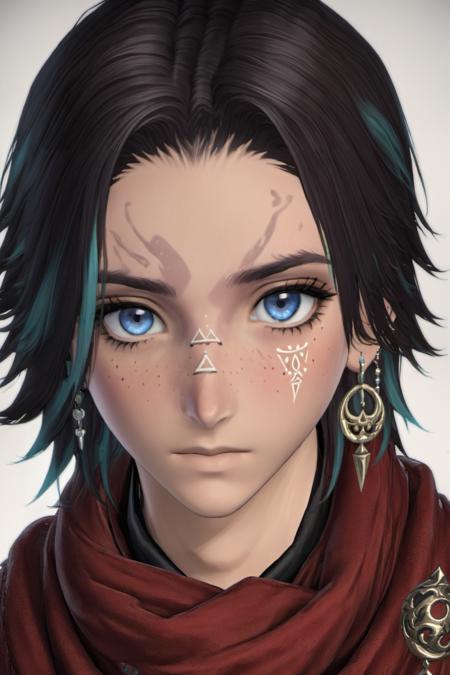 Khitli Viera,  1boy,  male focus,  solo,  looking at viewer,  short hair,  blue eyes,  black hair,  jewelry,  closed mouth,  earrings,  scarf,  tattoo,  facial mark,  portrait,  freckles,  red scarf, <lora:EMS-44604-EMS:0.600000>