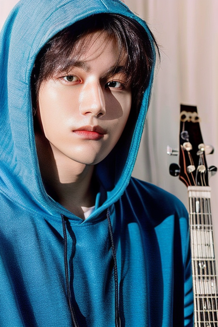 1boy,close-up, masterpiece, best quality, 1 male, adult, handsome, tall muscular guy, broad shoulders, finely detailed eyes and detailed face, extremely detailed CG unity 8k wallpaper, intricate details, blue hair, oversized hood, Musician, Musical attire, Recording studio,