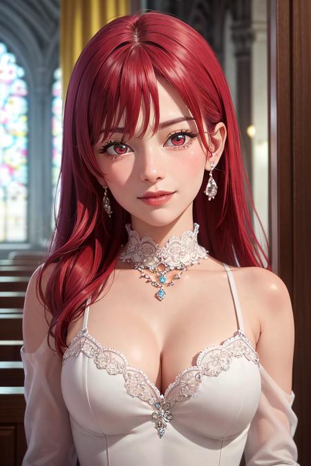 masterpiece, (best quality), 1woman,1girl ,sakisaki,   red hair,  long hair,  red eyes,formal dress, gown , jewerly, earrings, necklace, divine woman,medium breasts, ,sexy woman,smile, hair between eyes, long sleeves,closed clothes, embarrassed,blush,  formal event, vibrant colors ,natural lighting  ,RTX,  , beautiful, (detailed face:1.2), showcase, (perfect eyes:1.1) ,(photorealistic:1.1), 8k uhd,  looking at viewer, indoors,  simple backround, upper body, chandellier, church