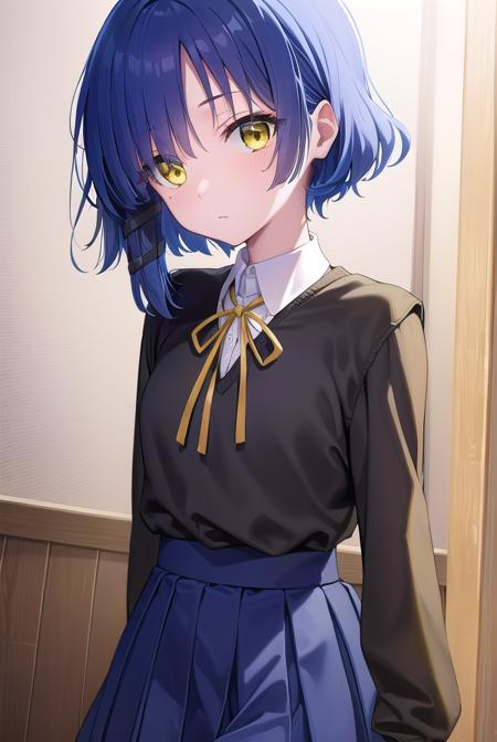 ryouyamada, <lora:ryouyamada-lora-nochekaiser:1>, 
ryou yamada, blue hair, eyes visible through hair, mole, mole under eye, short hair, (yellow eyes:1.5), hairclips,
BREAK black pantyhose, black ribbon, blue skirt, brown footwear, loafers, long sleeves, pantyhose, ribbon, school uniform, shimokitazawa high school uniform, shirt, shoes, skirt, white shirt,,
BREAK indoors, classroom,
BREAK looking at viewer, (cowboy shot:1.5),
BREAK <lyco:GoodHands-beta2:1>, (masterpiece:1.2), best quality, high resolution, unity 8k wallpaper, (illustration:0.8), (beautiful detailed eyes:1.6), extremely detailed face, perfect lighting, extremely detailed CG, (perfect hands, perfect anatomy),