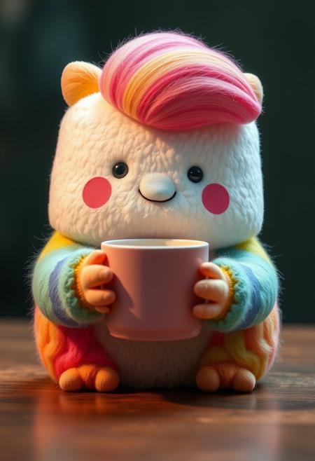 "An absolutely adorable and quirky squismallow creature with rainbow fur is depicted in a medium prompt, holding a cup of coffee. The artwork is characterized by hyperrealism and ultra-realism, ensuring a flawless composition inspired by PIXAR-style perfection, down to every intricate detail, intricate details, HDR, beautifully shot, hyperrealistic, sharp focus, 64 megapixels, perfect composition, high contrast, cinematic, atmospheric, moody, Hyperrealistic, conceptish art, mid shot, intricately detailed, dramatic color depth, dramatic depths, excellent angle, fantastic-background"