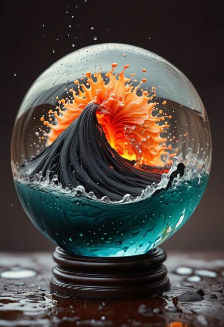 ultradetailed ultrarealistic, of a lava avalanche in a glass sphere, a perfect photography by Mark Mann and Ashraful Arefin ,muted wet colors, intricate artwork masterpiece <lora:hyperkraximalism_v1-1:0.25>