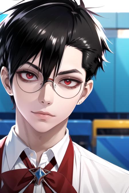 masterpiece, best quality, , 1boy, solo, male focus, looking at viewer, upper body, , , , <lora:braz_d_blood:0.72>, braz_d_blood, black hair, red eyes, glasses, , , skating rink,