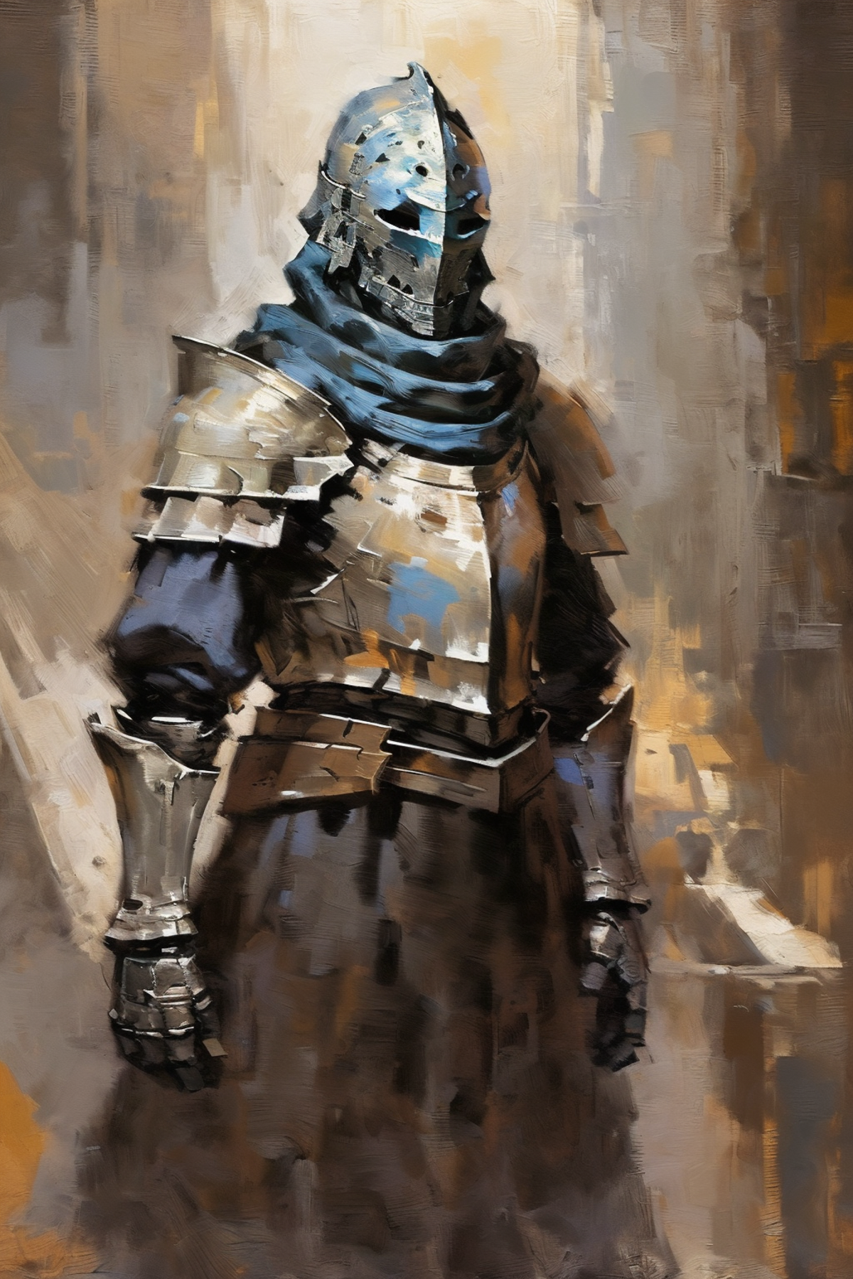 A Knight in Blue and Gray Armor Standing in a Painting