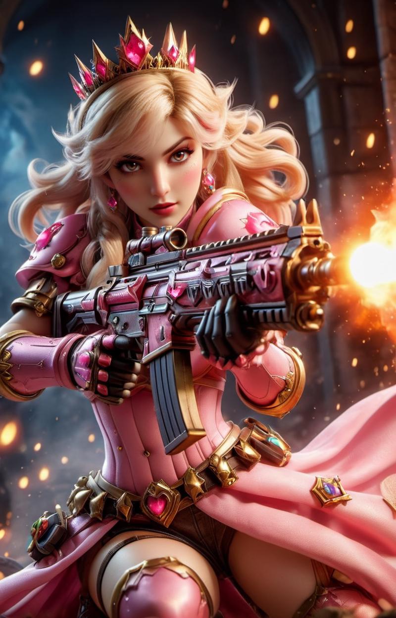 A pink and white character holding a pink gun.