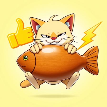 A mischievous-looking Meowth from Team Rocket, the infamous Pokémon anime trio, grins slyly from behind a large, wooden fish. His paws rest playfully on top of the instrument, as if presenting it as an offering. The fish, polished to a warm sheen, dominates the center of the composition, subtly implying it's the key to some great reward (or perhaps, just Meowth's next meal).
To the left of the wooden fish floats a large, bright yellow thumbs-up emoji, its size and positioning mimicking a real-life "like" button. On the right, a similarly styled lightning bolt emoji crackles with digital energy, hinting at the speed and ease of online transactions. These emojis hover slightly above and behind the fish, creating a distinct separation from Meowth but still integrating them into the scene.
The overall color palette is bright and inviting. The background might be a simple, gradient sky blue or a more vibrant, attention-grabbing yellow or orange. Meowth's expression is crucial: a cunning glint in his eye, perhaps a slight smirk on his face, conveying that he's in on the joke and encouraging viewers to participate in the fun (and donate!). The entire image exudes a playful, almost meme-like quality, perfect for soliciting tips and donations in a lighthearted manner. The composition suggests a digital overlay, reinforcing the online donation context, like a Twitch or YouTube donation screen.