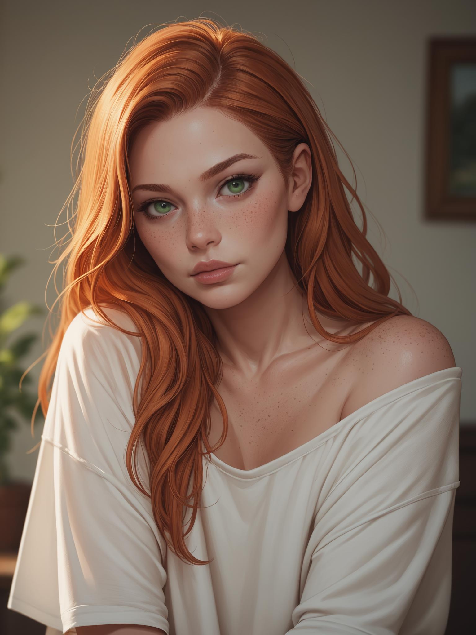 <lora:add-detail-xl:3> score_9,score_8_up,score_7_up,score_6_up, high contrast, photorealism, depth of field, looking at viewer, mature female, long hair, ginger, green eyes,  freckles, full lips, baggy shirt, off the shoulder top, portrait, up close