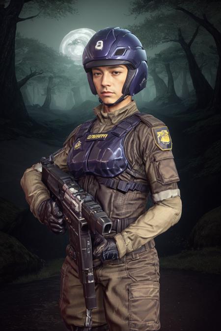 (8k, best quality,high quality clothes, masterpiece:1.2,hhgh precision skin,,rich facial texture),nc,a man in a uniform holding a rifle and wearing a helmet and holding a gun in his hand and a helmet on his head,a computer generated image of a dark forest at night with a full moon in the background and trees on the ground <lora:PS2lrm:0.75>