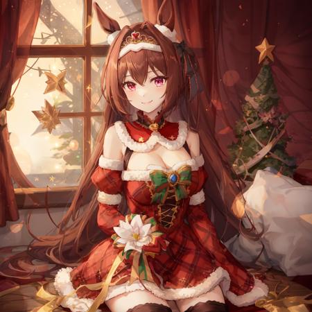 ((masterpiece, best quality)), <lora:Daiwa Scarlet:0.6>,1girl,Daiwa Scarlet,Daiwa Scarlet(Santa),horse ears,horse girl,brown hair,long_hair, twintails,red_eyes,slit pupils, tiara, very_long_hair,cleavage, fur_trim, hair_intakes,red_gloves,plaid,red dress,thighhighs,bow,detached_sleeves, fur-trimmed_dress,fang,santa_dress,bare_shoulders,boots,merry christmas, indoors,window, smile,wariza,