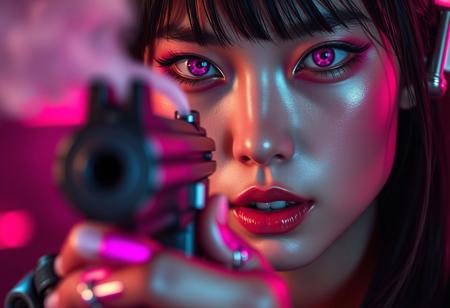 Ultra close-up of a beautiful Japanese cyberpunk assassin, face filling the frame. She has shimmering pink eye makeup and glowing cybernetic pink eyes with detailed circuitry. Her expression is cold and focused.
In the foreground, she is holding a silver futuristic pistol aimed at the viewer, barrel centered but slightly out of focus.
A faint trail of smoke rises from the barrel, drifting across her face. Her lips are parted slightly. The lighting is soft but cinematic — moody pink and blue highlights reflecting off the metal of the gun and her pink chrome cybernetic fingers.
The image is intense, personal, and intimate — the moment just after a kill.”