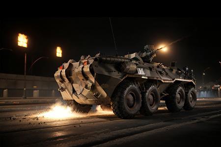 black eight wheeler (BTR-80, <lora:btr80:1>), racing down a neon city avenue at night,  shooting, buildings on fire, outrun, explosions in the background, High Detail, Sharp focus, ((photorealism)), realistic, best quality, 8k, award winning, dramatic lighting, epic, cinematic, masterpiece, dutch angle, ambient fog:1.5, volumetric lights,