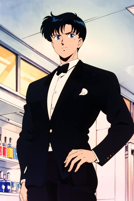 masterpiece,best quality,highres,<lora:Chiba Mamoru:0.7>,Chiba Mamoru,1boy,black hair,blue eyes,solo,retro artstyle,short hair,1990s \(style\),looking at viewer,cowboy shot,indoors,tuxedo jacket,bars,hands on hips,