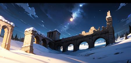 <lora:evulchiVi:0.9>, evulchibi,
(masterpiece, best quality), flying ruins of an ancient castle, snow, outdoors, letterboxed, night, sky, cloud, black hair, moonlight, blue flower, blurry, starry sky, depth of field