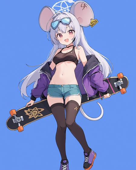 saya \(blue archive\),1girl, solo, shorts, mouth_mask, skateboard, simple_background, halo, navel, mouse_tail, purple_jacket, looking_at_viewer, thighhighs, open_mouth, ear_tag, blue_background, medium_breasts, midriff
<lora:saya_(blue_archive)_image325_2023-11-28-000025:1>halo. gorgeous,key visual, vibrant, studio anime,award-winning, professional, highly detailed,high budget, cinemascope