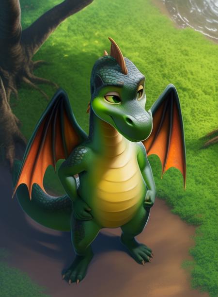 DrakoshaPriDra, dragon, green skin, green eyes, pointed tail, wings, dark green scales on back, white sclera,  chibi, 