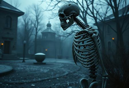 "Create a highly detailed, grimdark cyberpunk skeleton scene. The skeleton, long and skinny, is inspired by Ernő Rubik and Kristian Kreković, with undead skin texture in cold hues. Set in a Soviet yard within a spooky mansion park. Consider Denis Villeneuve and Greg Rutkowski's styles, with a right-hand view and smooth, fractal lines. Aim for a 4K or 8K, photorealistic, high-definition image, trending on ArtStation."
