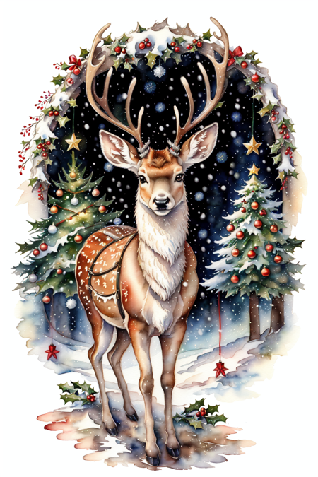 RagingReindeerSplash, solo, looking at viewer, sitting, full body, black eyes, tree, no humans, animal, grass, snow, snowing, antlers, animal focus, deer,<lora:RagingReindeerSplash:0.8> EarthXmasSplsh