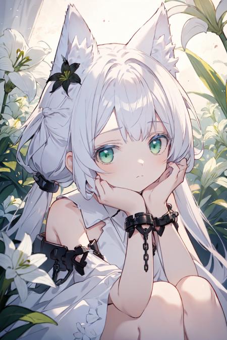 rosmontisB, 1girl, , low_twintail, animal ears, long hair, flower, dress, green eyes, white dress, chain, animal ear fluff, white hair, lily (flower), bare shoulders, wolf ears, bangs, sleeveless, feet, knees up, toes, black anklet,
looking at viewer, sitting, closed mouth, Expressionless, portrait, upper body,
<lora:C_rosmontis:1.0>