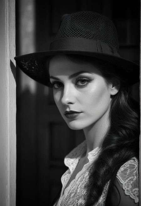 (stern look),  (monochrome), (portrait), (closeup), cinematic film, shadow, partially covered in shadow, 28 year old french woman standing door of old house, white lace fedora, wicked, femme fatale,   lips, eyelashes, profile, realistic, shallow depth of field, vignette, highly detailed, high budget, bokeh, cinemascope, moody, epic, gorgeous, film grain, grainy, burlesque, (natural skin),