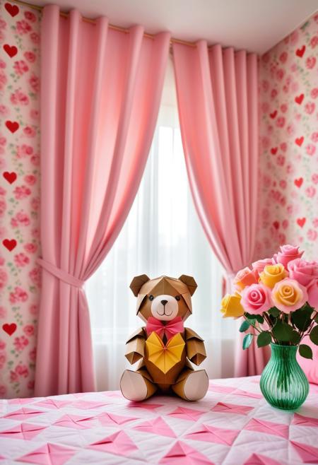 8k, score_9, score_8_up, score_7_up,Jed-StickyN,
masterpiece,realistic,ultra detailed, vibrant colors,photo-realistic,
Origami teddy bear, colorful origami,
Floral wallpaper, pink curtains,
A girl's room made of origami, with a rose vase, heart patterns, floral patterns, check patterns, and argyle patterns