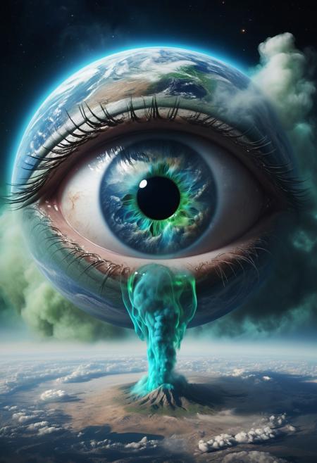 A giant eye of the Earth is opening, with blue and green glowing liquid flowing out from it into space. The Earth is visible inside. Thick smoke fills the air around it. In the style of Surrealism. High resolution, high detail.