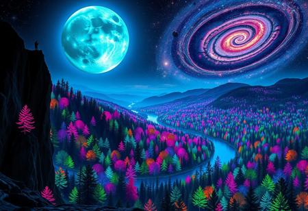 Create a mesmerizing nighttime landscape from the viewpoint of a high cliff on a mountain. A full, deep blue moon with a greenish tint illuminates the scene, casting an ethereal light across the landscape. The forest below is a vast expanse of neon-colored trees, with vibrant hues of electric pinks, blues, purples, and greens that glow against the darkness. A winding river, shimmering with moonlight, meanders through the valley. The sky is alive with an awe-inspiring galaxy, its spirals stretching across the horizon, and filled with countless vibrant stars in radiant colors. The scene should evoke a sense of surreal wonder, blending the mystical and the cosmic in a breathtakingly detailed and vivid display.